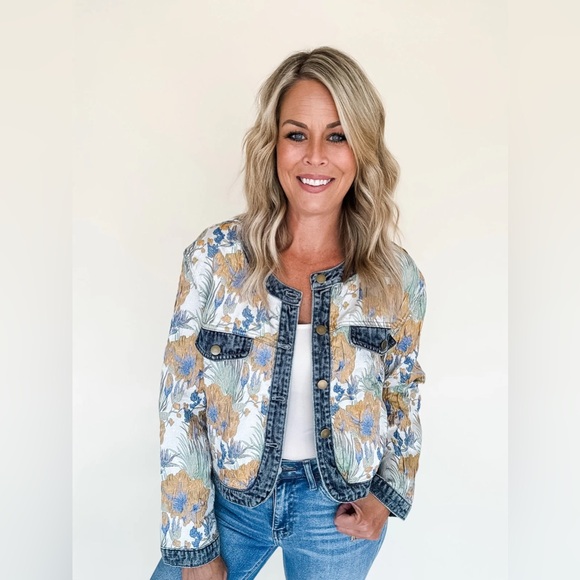 Floral woven jacquard denim button boho bohemian jacket - Picture 8 of 14